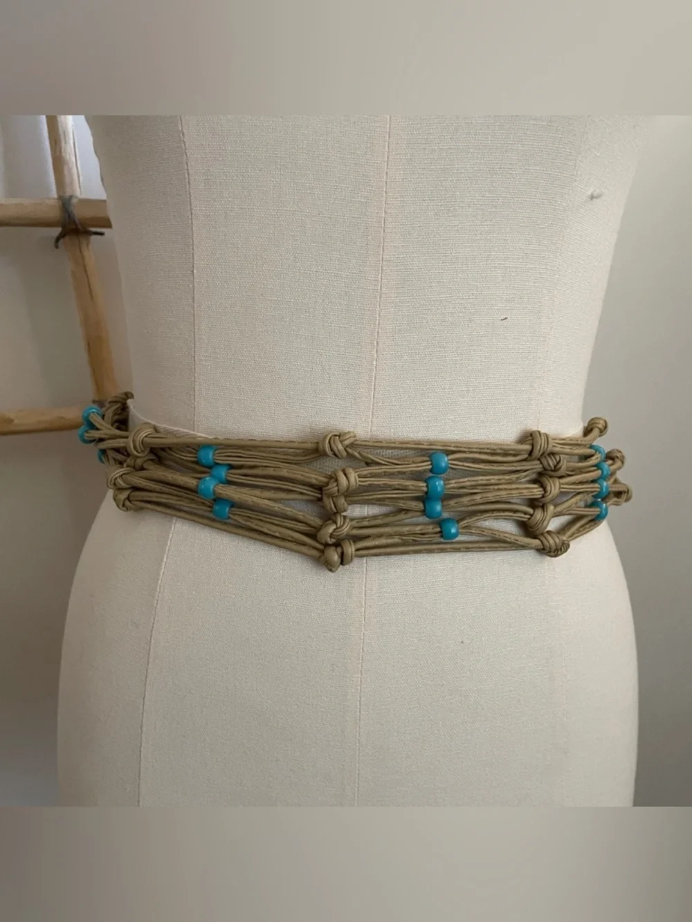 Vintage leather tie belt Handmade Natural Rope Waist Belt wTurquoise color Beads